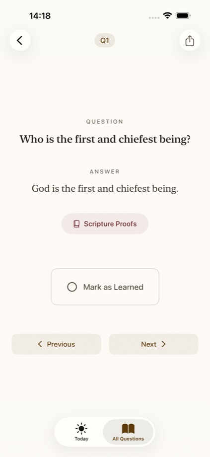 Catechize toont een catechismusvraag en antwoord op iPhone